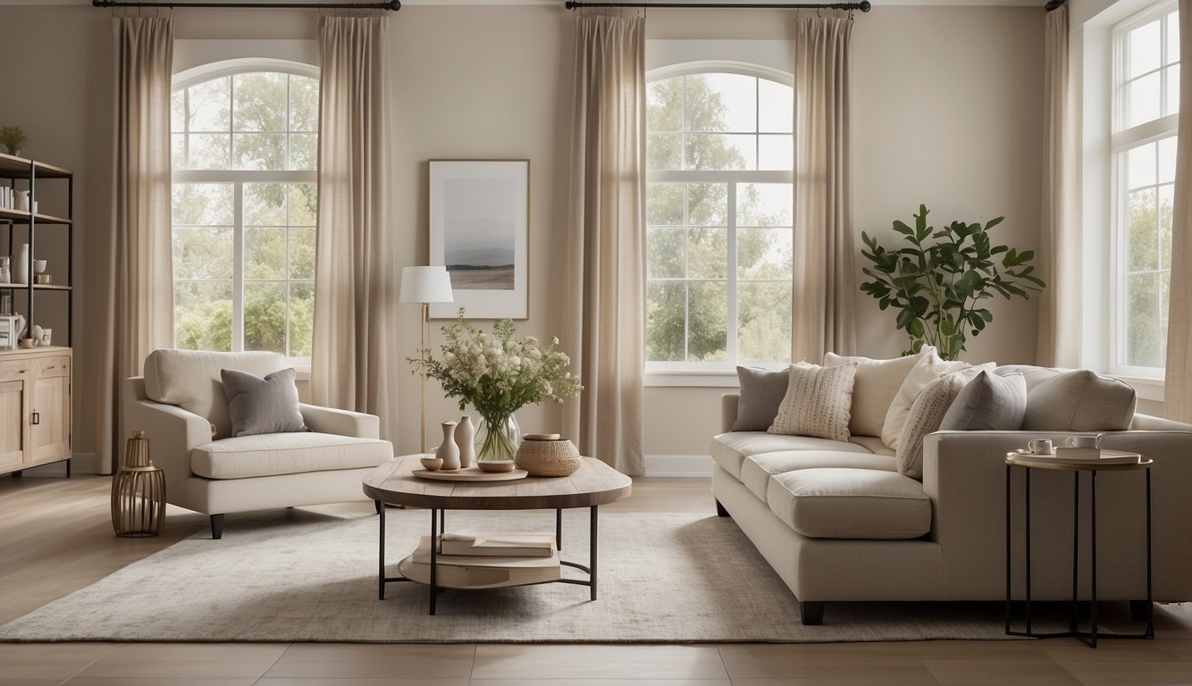 A spacious, well-lit living room with soft, neutral walls painted in Benjamin Moore Pale Oak. The color creates a serene and inviting atmosphere, complementing the furniture and decor throughout the entire house