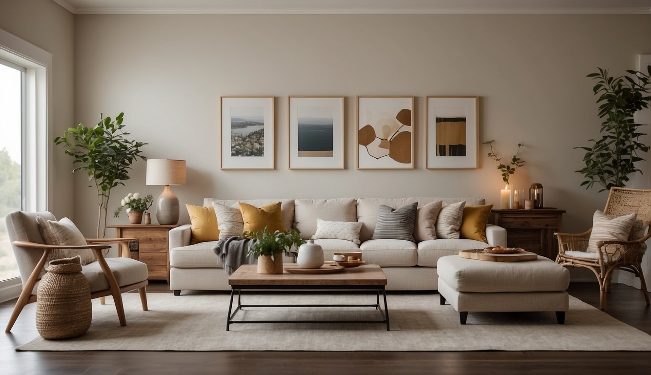 A cozy living room with Behr Swiss Coffee walls, warm natural light, and tasteful decor