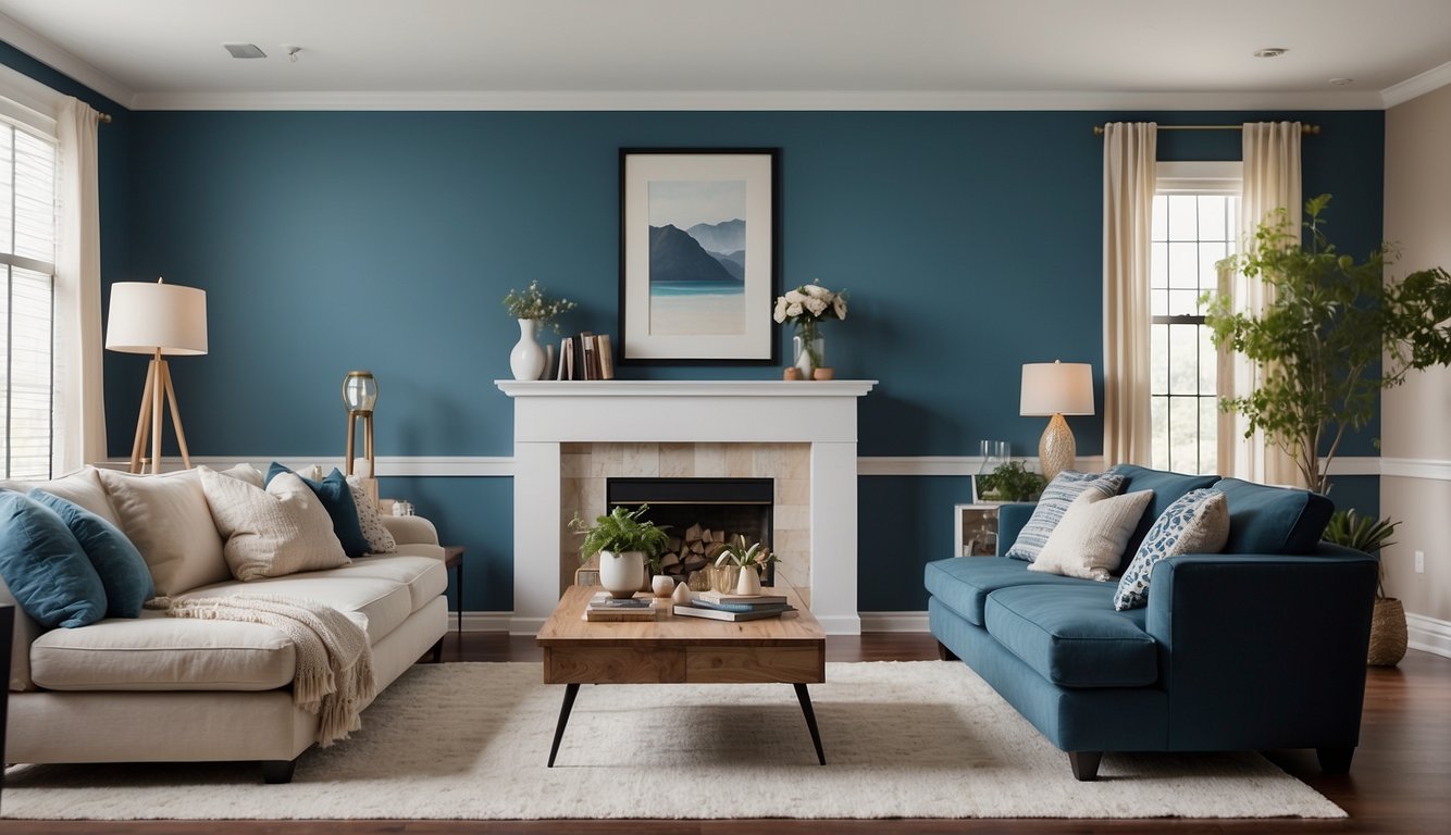 A cozy living room with Valspar Blue Kiss 20 on the walls, complemented by warm neutral furniture and pops of vibrant accent colors