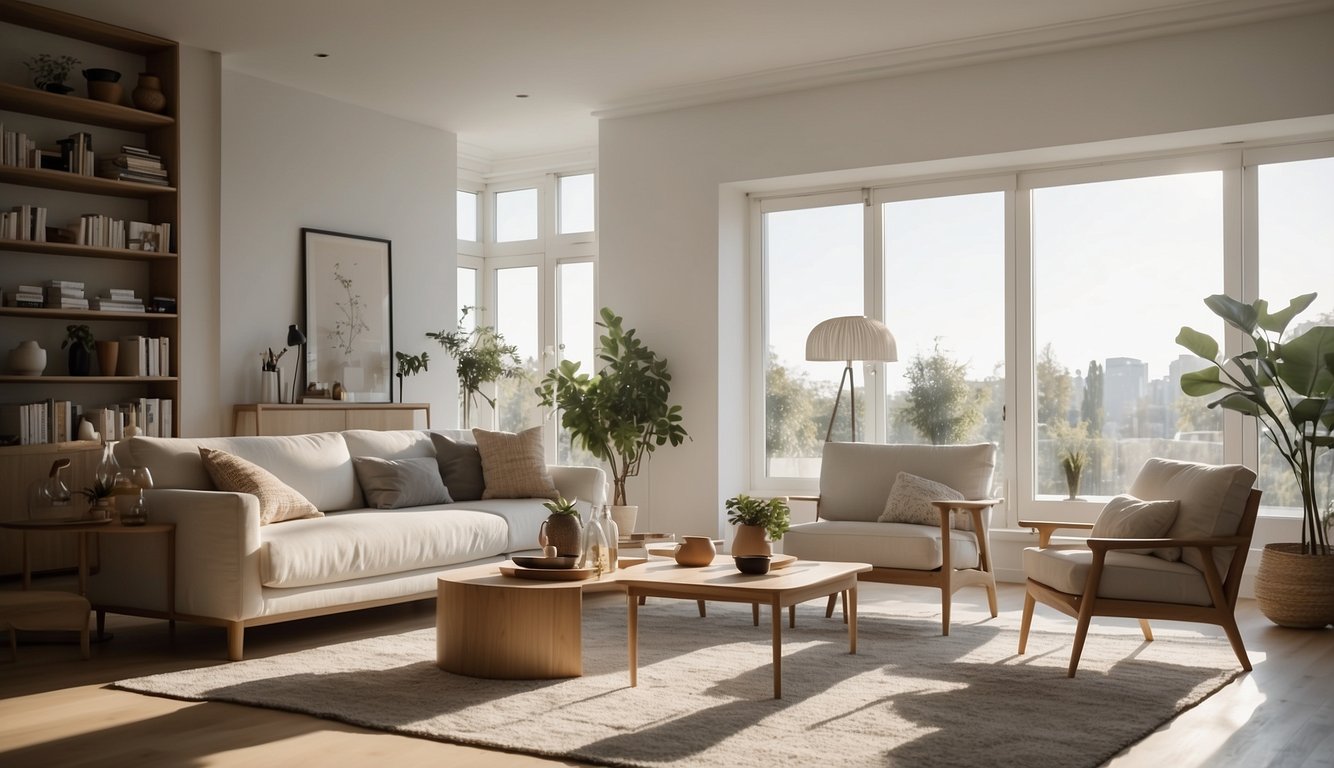 A spacious, well-lit living room with white walls and cozy furniture. Sunlight streams in through large windows, casting a warm glow on the Pure White 20 paint