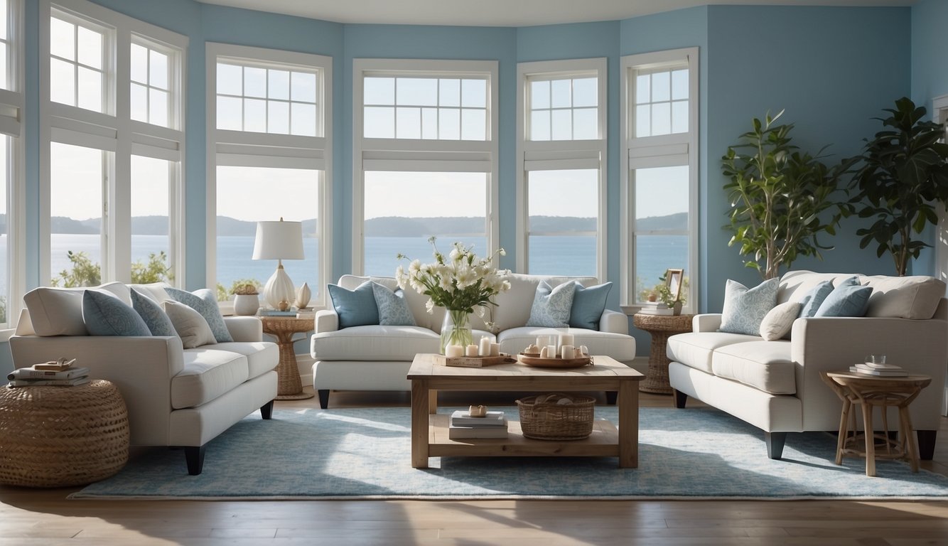 A serene living room with Sea Salt Blue walls, complemented by white trim and furniture. Natural light filters in through large windows, casting a soft, tranquil glow