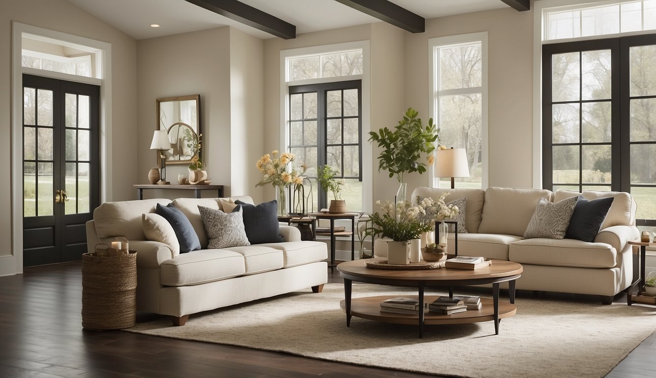 A spacious, well-lit living room with walls painted in Sherwin-Williams Alabaster, creating a warm and inviting atmosphere