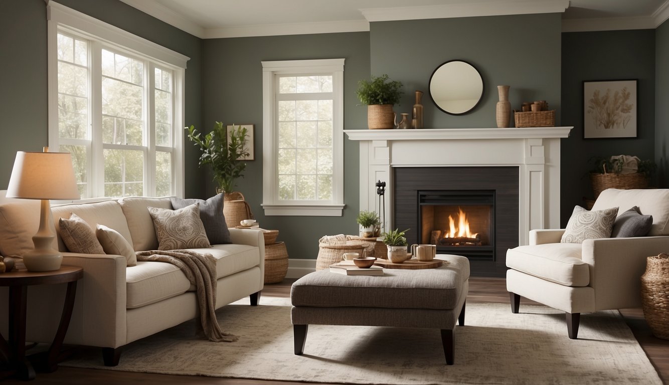 A cozy living room with Behr Mineral 20 painted walls, complemented by warm natural lighting and comfortable furniture