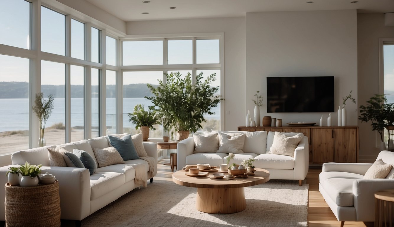 A cozy living room with Sea Salt colored walls, complemented by soft white furniture and natural wood accents. Light streams in through large windows, creating a serene and inviting atmosphere