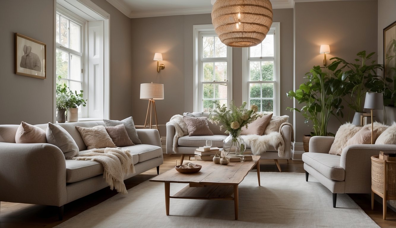 A cozy living room with Farrow & Ball Elephant's Breath walls, complemented by warm neutral furniture and accents. Natural light floods the space, creating a welcoming and serene atmosphere