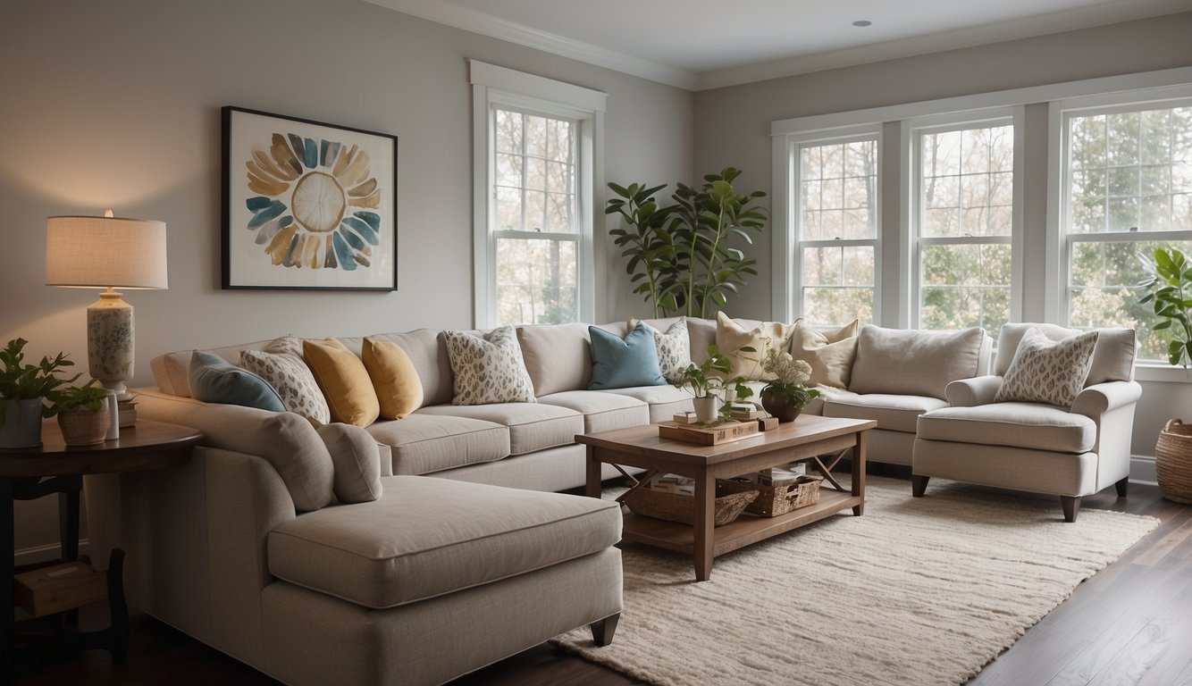 A spacious, well-lit living room with neutral walls in Benjamin Moore Revere Pewter. Cozy furniture and pops of color create a warm, inviting atmosphere