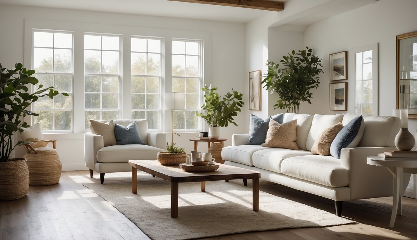 A bright, airy room with white walls and natural light streaming in through large windows. Various furniture and decor in different colors complement the clean, crisp look of the Behr Ultra Pure White paint