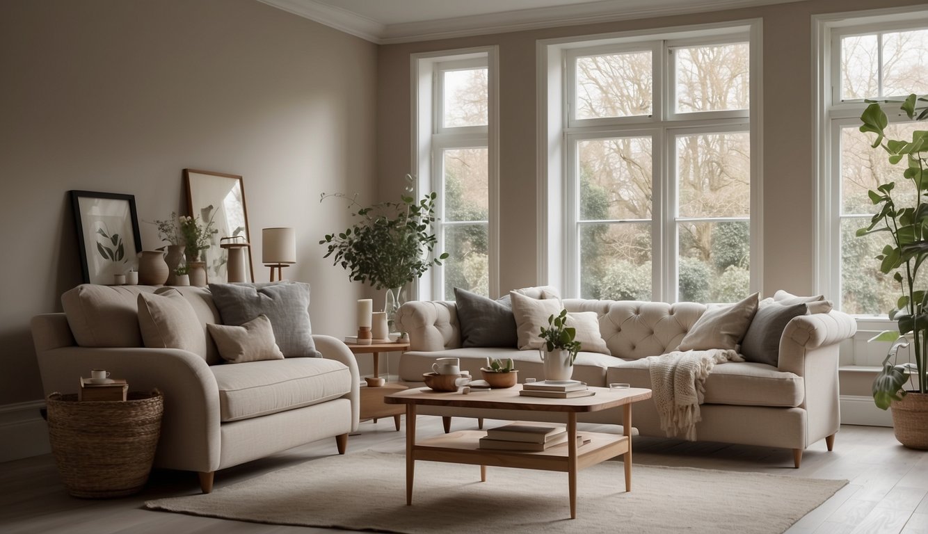 A cozy living room with Farrow & Ball Skimming Stone 20 on the walls. Soft natural light filters through the windows, highlighting the warm, neutral tones of the paint