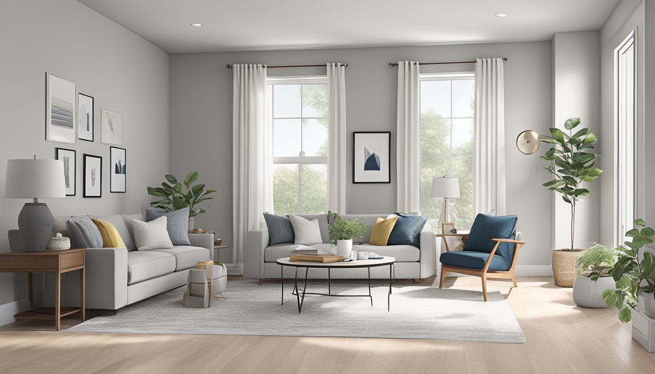 A room with neutral walls in Sherwin-Williams Repose Gray. Minimalist decor and natural light create a welcoming atmosphere for potential renters