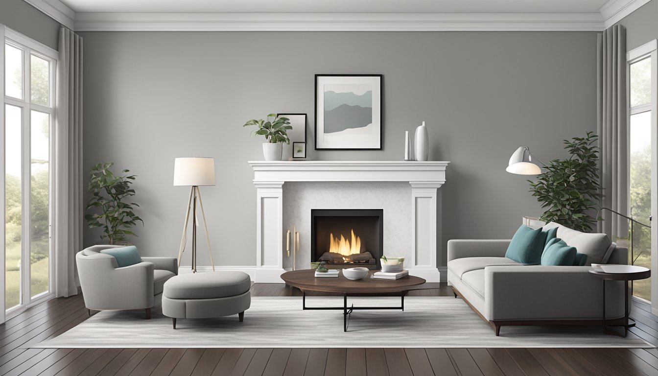 A living room with light gray walls, white trim, and dark wood floors. Minimalist furniture and neutral decor create a modern and inviting atmosphere