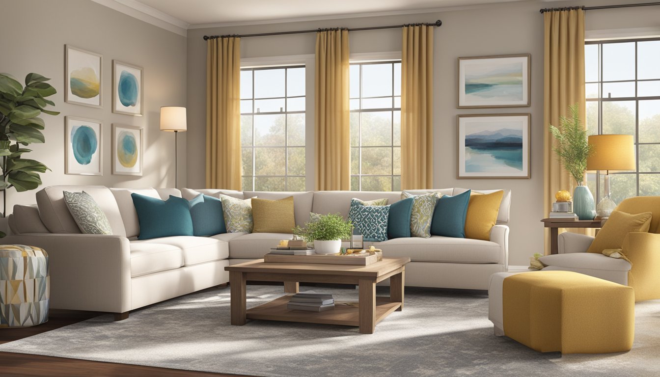 A cozy living room with Behr Swiss Coffee walls, furnished with neutral tones and pops of color. Light streams in through the windows, creating a warm and inviting atmosphere