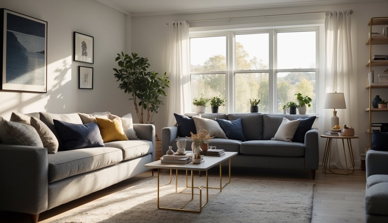 A cozy living room with Cornforth White walls, light grey furniture, and accents of navy and gold. Sunlight streams in through the window, casting a warm glow over the room