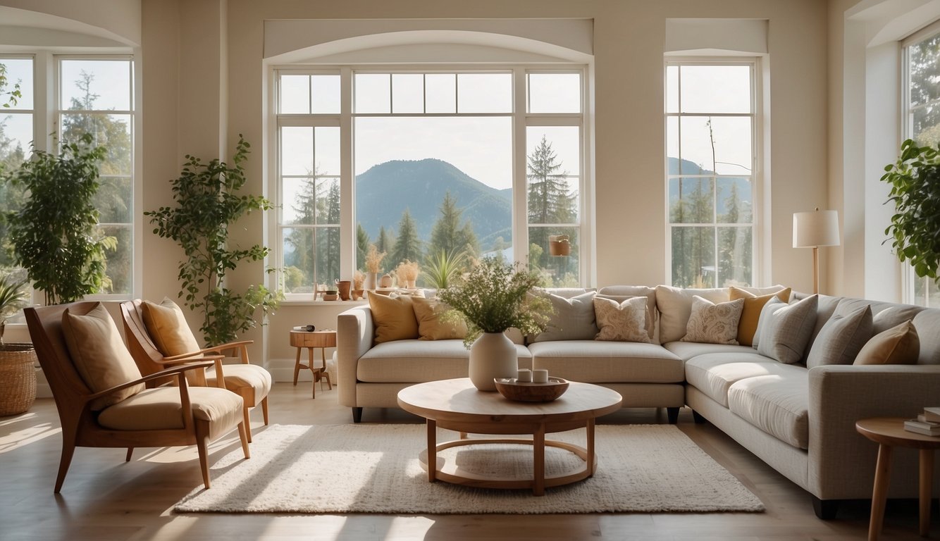 A clean, well-lit living room with Alabaster-painted walls, complemented by warm-toned furniture and accents. Light pours in through large windows, creating a welcoming and airy atmosphere