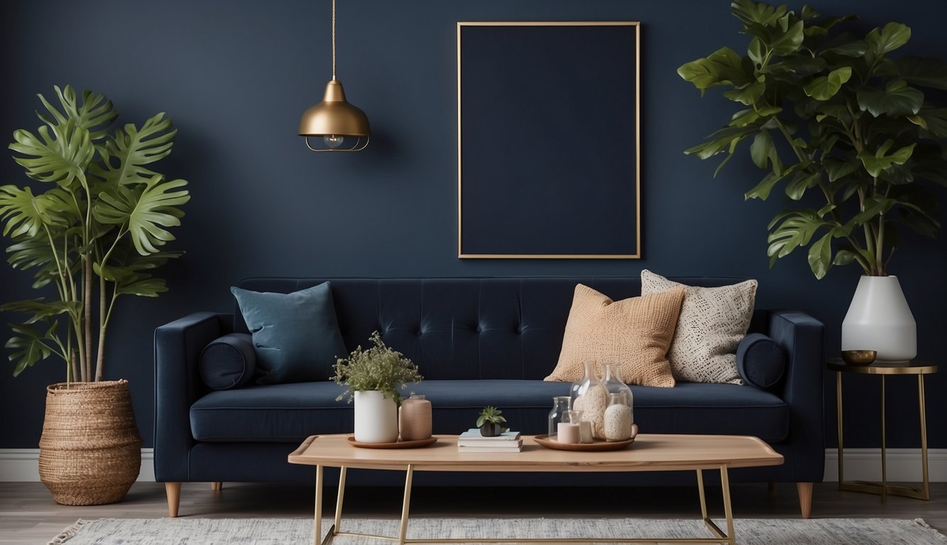 A cozy living room with a feature wall painted in Benjamin Moore Hale Navy. Neutral furniture and pops of color create a welcoming space for potential renters