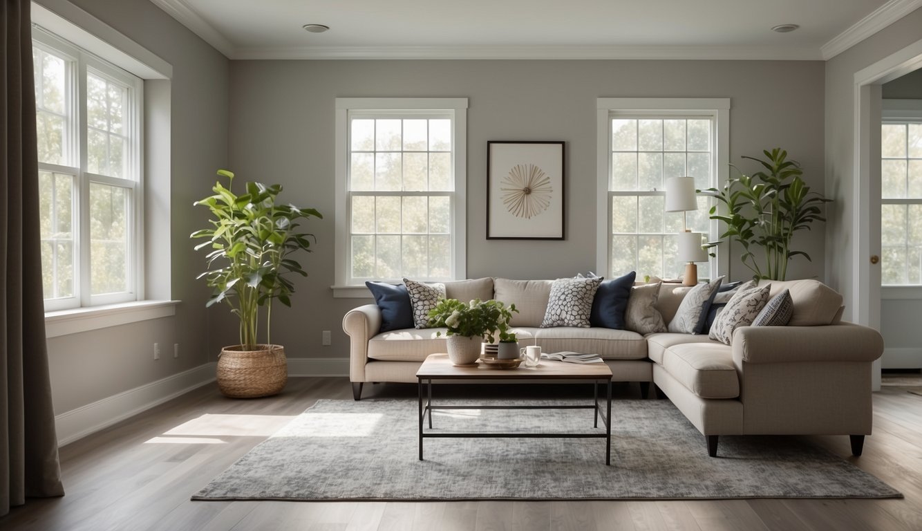 A rental property with Behr Silver Drop paint on the walls, neutral and inviting, with natural light streaming in through the windows