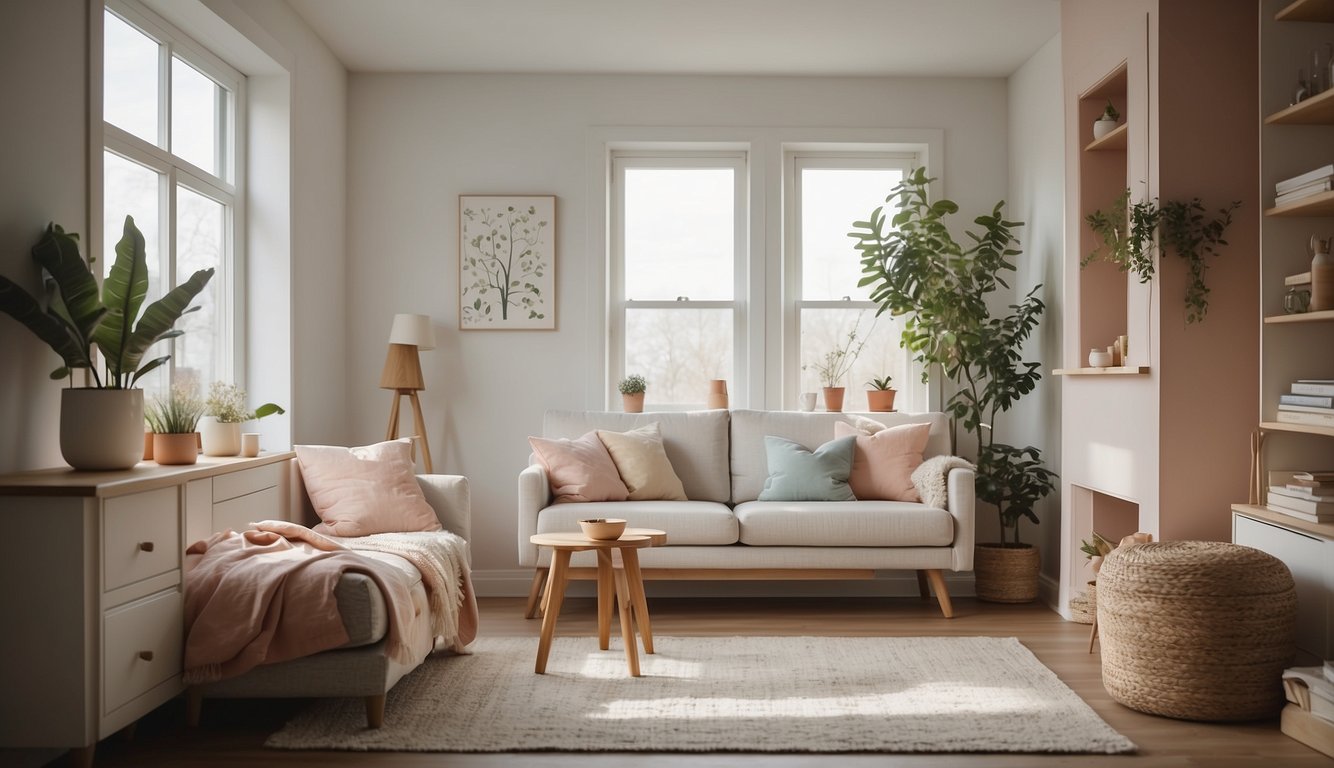 A cozy, small room with soft, white walls and warm, natural light filtering in through a window. Subtle hints of pastel colors add a touch of warmth and tranquility to the space