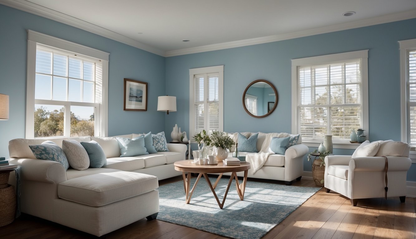 A cozy living room with light blue walls, white trim, and sea salt accents. Natural light streams in through a large window, illuminating the space