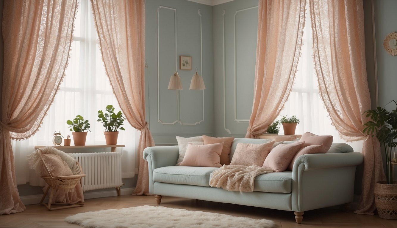 A cozy room with soft, pastel-colored walls, filled with natural light and adorned with delicate lace curtains