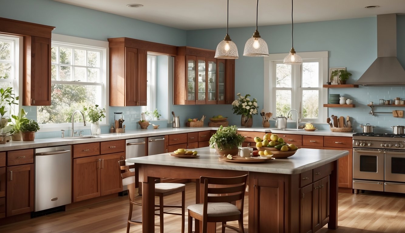 A kitchen with cherry cabinets painted in Sea Salt by Sherwin-Williams. Light blue walls complement the warm wood tones. Sunlight streams in through the window, casting a soft glow on the room