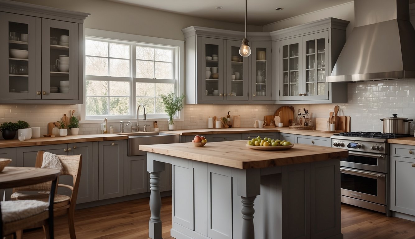 A kitchen with cherry cabinets painted in Agreeable Gray, bathed in natural light with a warm, inviting atmosphere