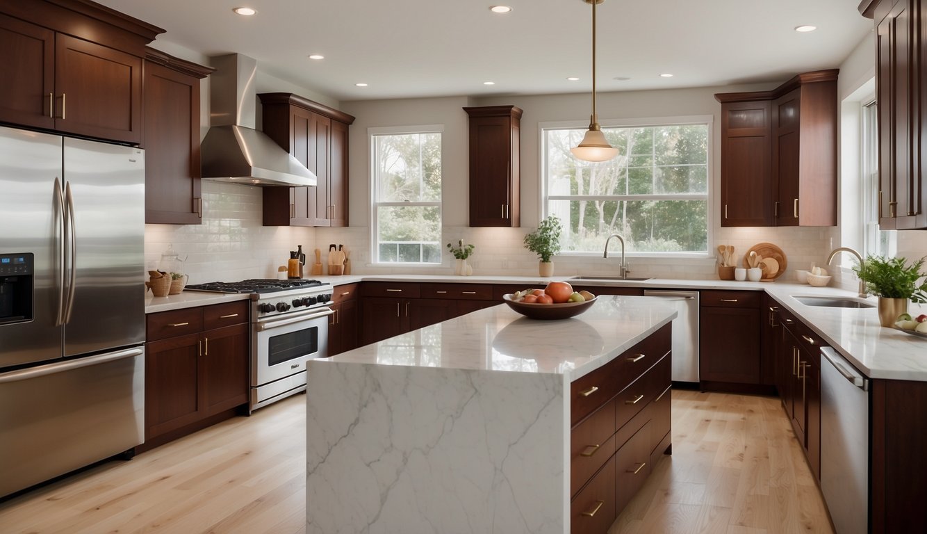 A modern kitchen with cherry cabinets painted in Sherwin-Williams Alabaster. Clean lines, stainless steel appliances, and natural light