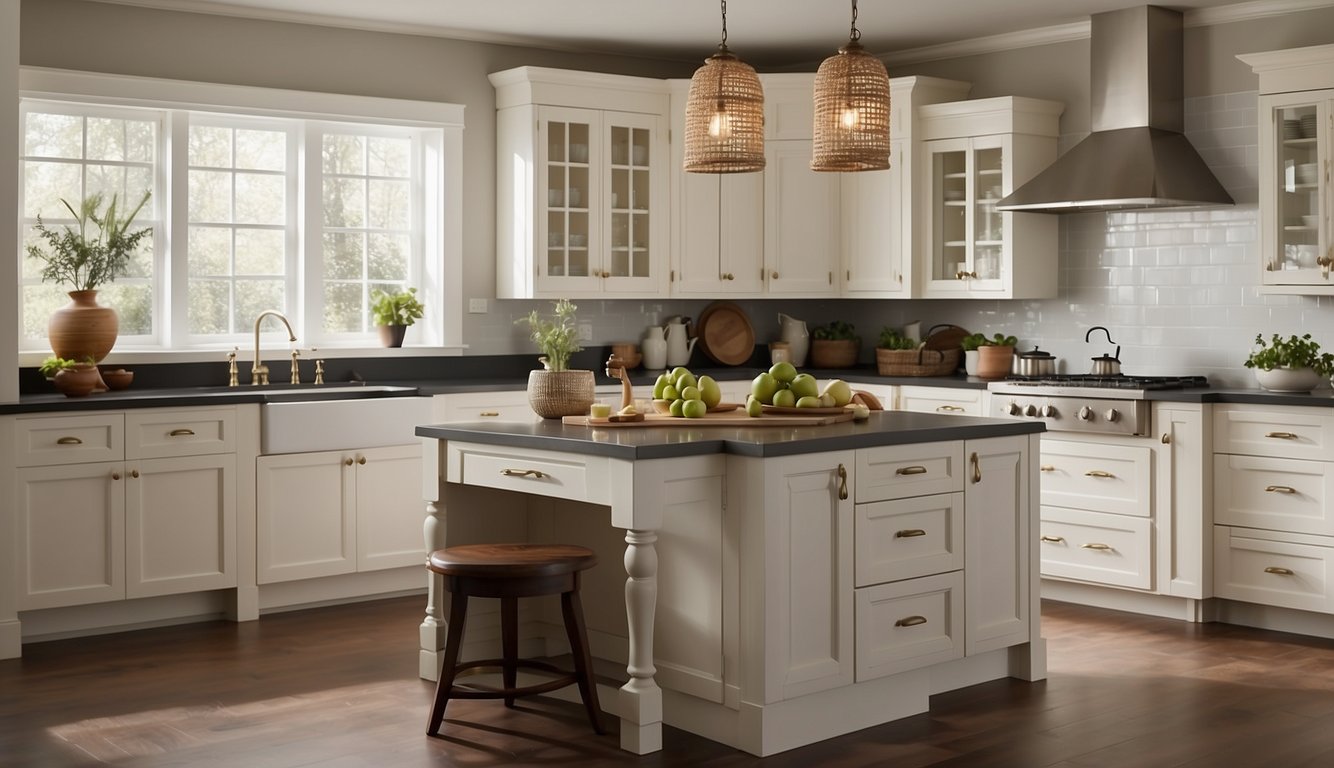 A kitchen with cherry cabinets painted in Balboa Mist by Benjamin Moore, bathed in natural light