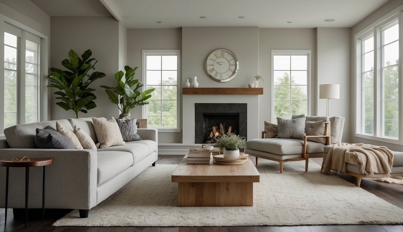 A cozy living room with Revere Pewter walls, natural light, and modern furniture