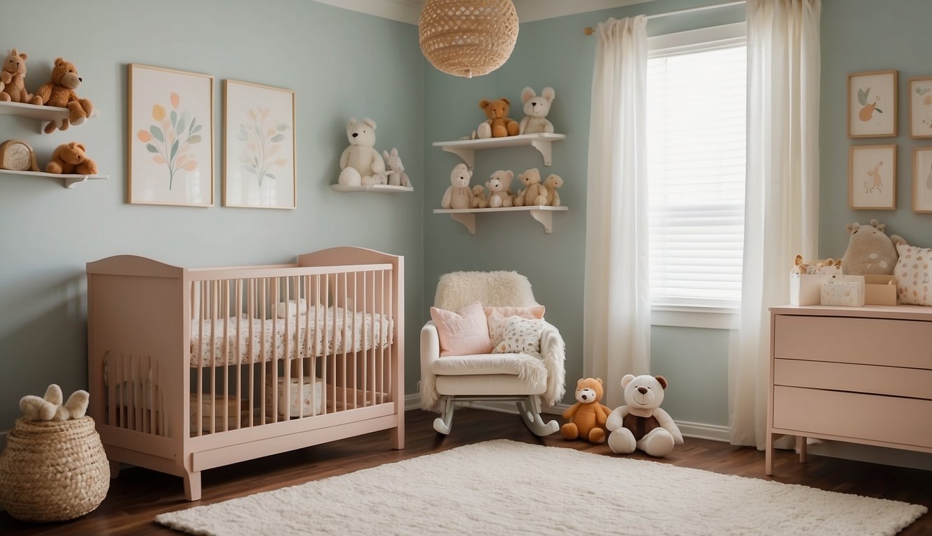 Soft pastel walls, a cozy rocking chair, and playful animal decals create a soothing nursery. A bright mobile hangs above the crib, while shelves display colorful books and toys