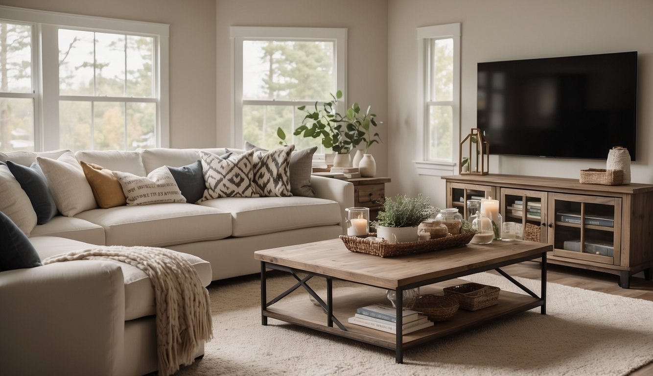 A cozy living room with Behr Swiss Coffee 14 on the walls, soft natural lighting, and comfortable furnishings