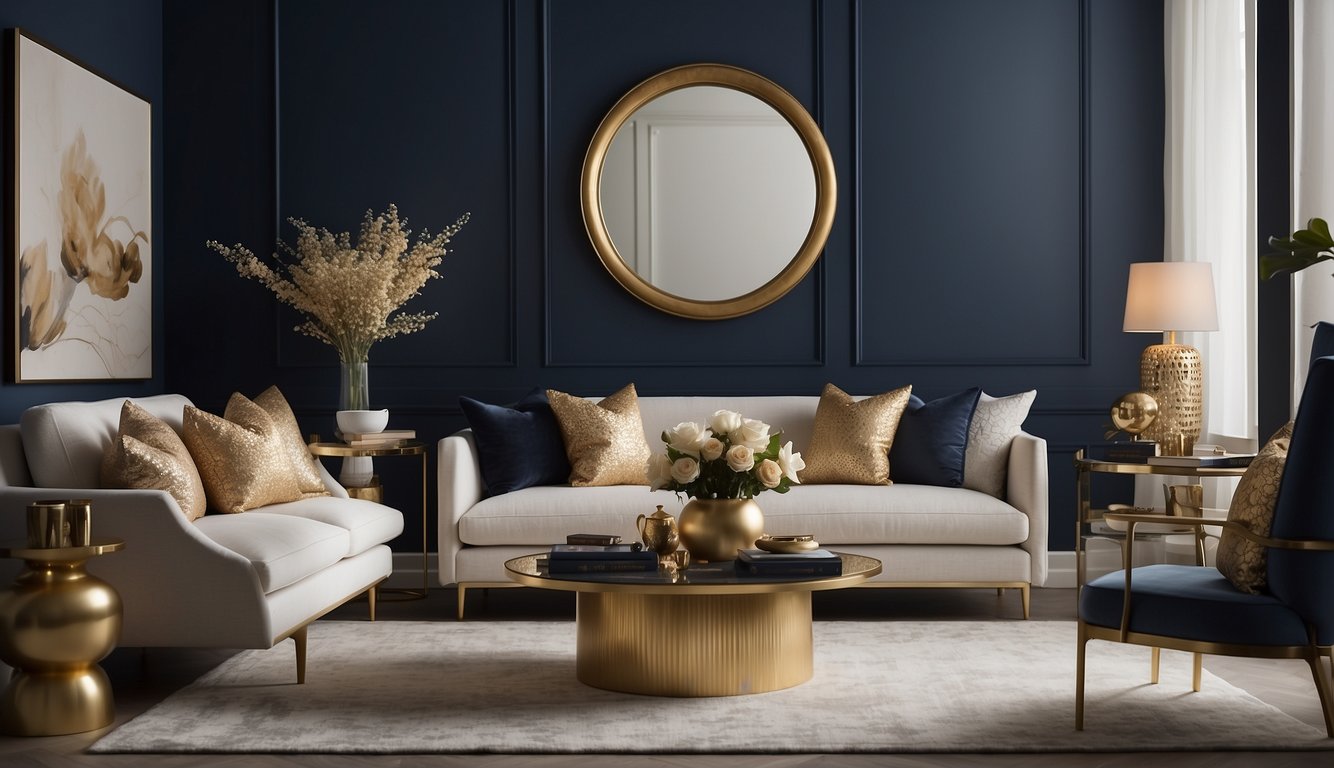 A room with navy blue walls, light-colored furniture, and accents of gold and white. The space feels modern and sophisticated, with a warm and inviting atmosphere