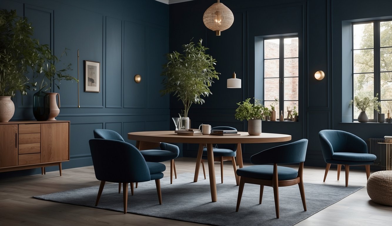 A room with Farrow & Ball Hague Blue 14 on the walls, natural light streaming in, and minimal furniture, creating a serene and sophisticated atmosphere