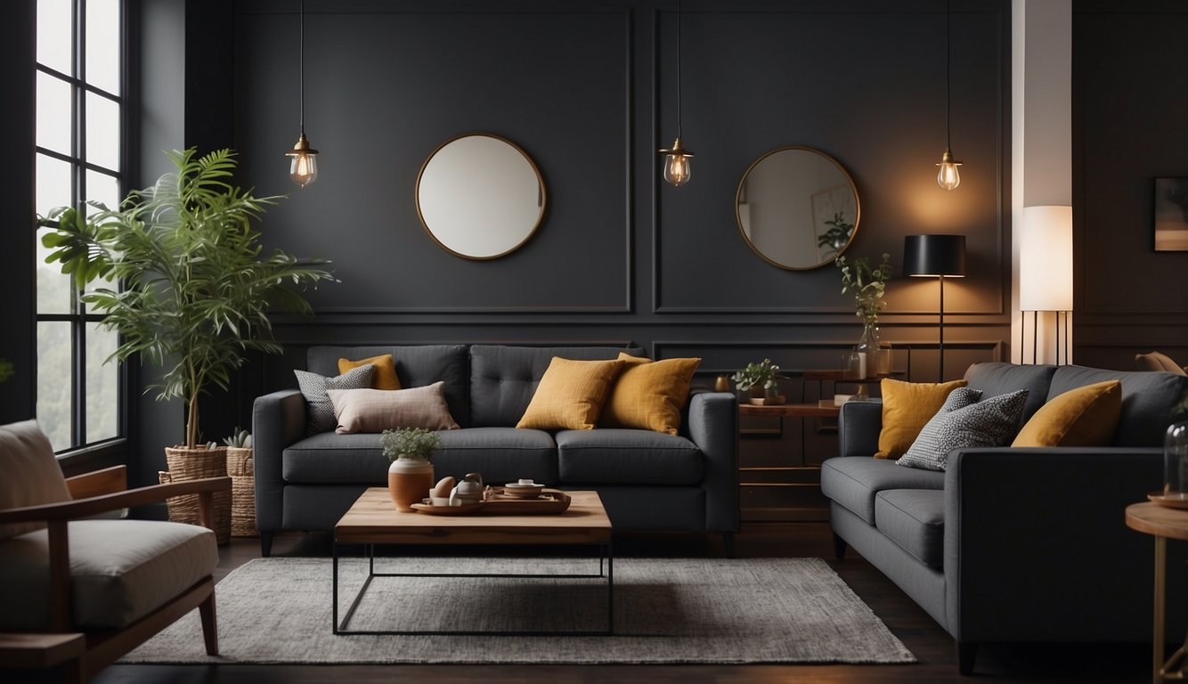 A cozy living room with Kendall Charcoal walls, warm lighting, and comfortable furniture. Subtle texture and depth in the paint create a sophisticated atmosphere