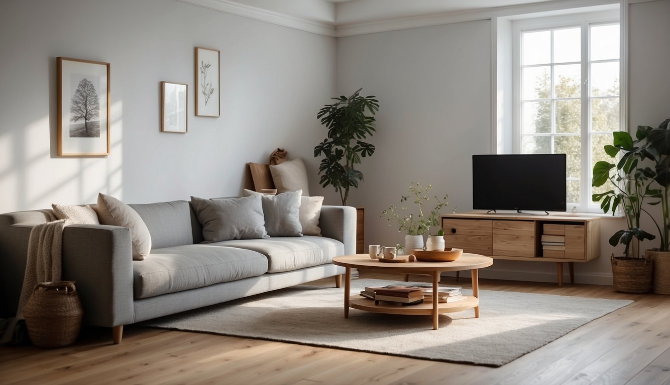 A cozy living room with Cornforth White walls, soft natural light, and warm wooden floors. Subtle grey undertones create a calming atmosphere