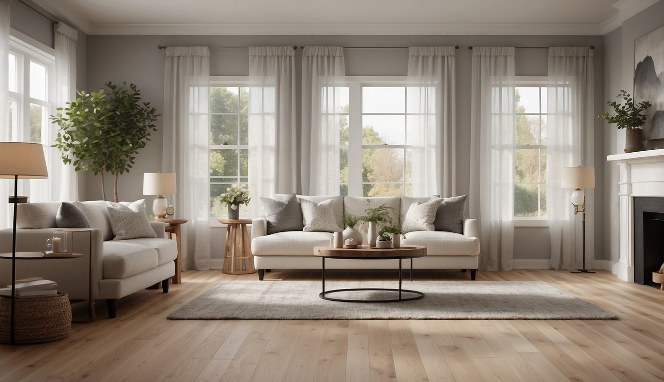 A living room with Agreeable Gray walls, white trim, and warm wood floors. Soft natural light filters in through sheer curtains, casting a gentle glow on the room