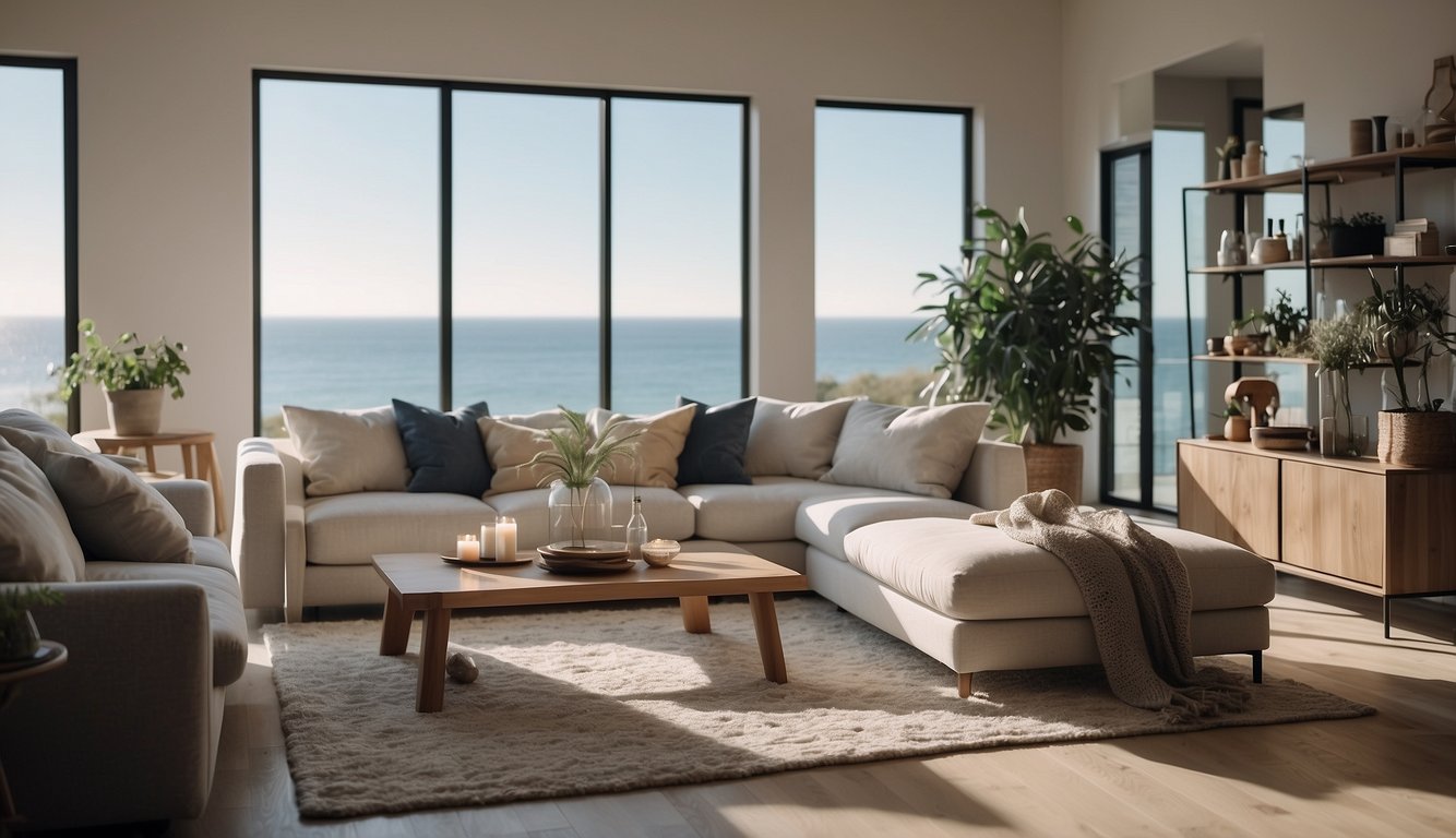 A serene living room with Sea Salt 14 walls, natural light, and cozy furniture