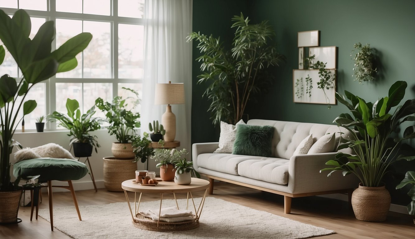 A room with Behr Bit of Sugar on the walls, soft natural light, cozy furniture, and green plants