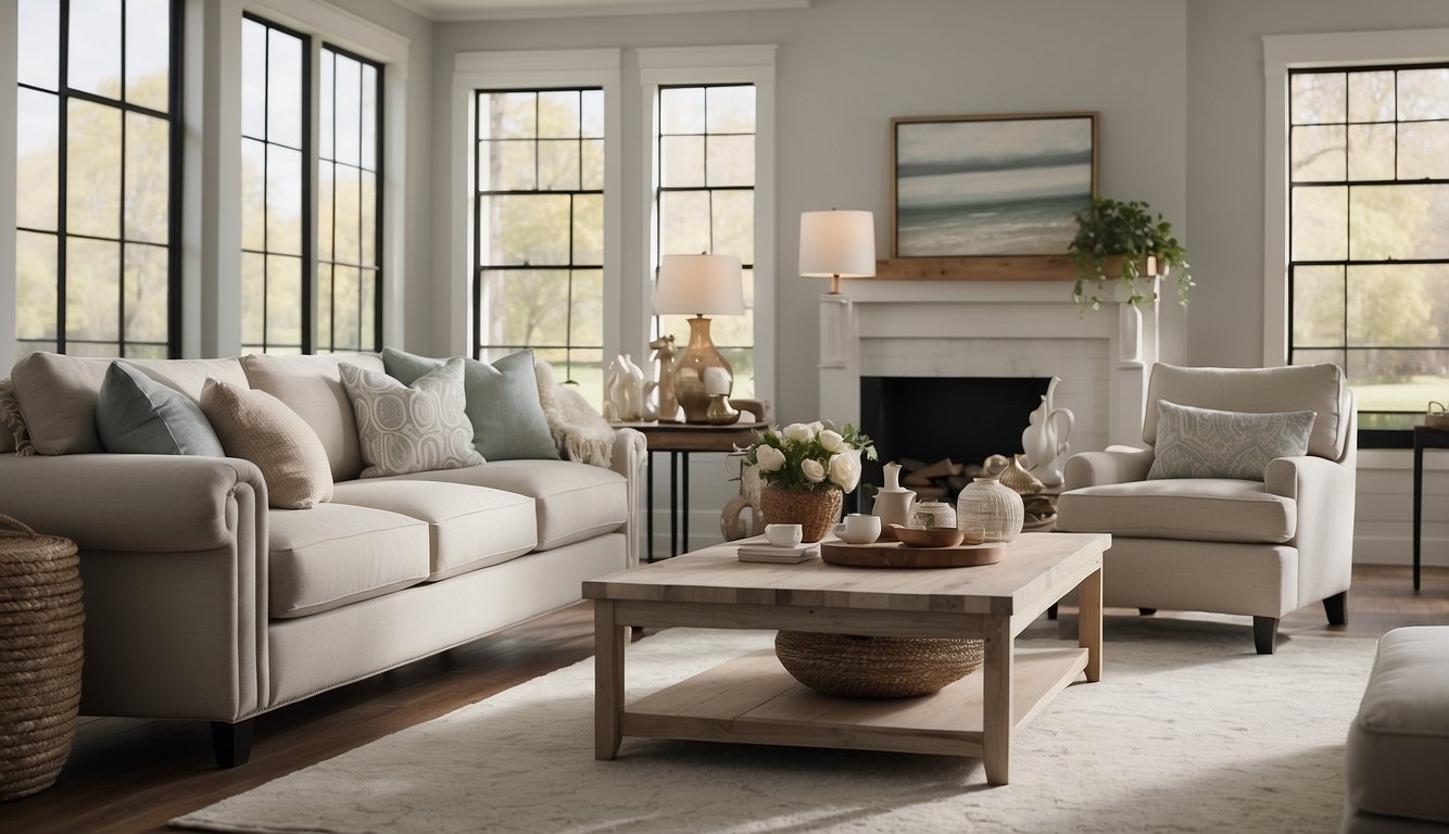 A serene living room with Behr Silver Drop 14 on the walls, soft natural light filtering in, and cozy furniture arranged for relaxation