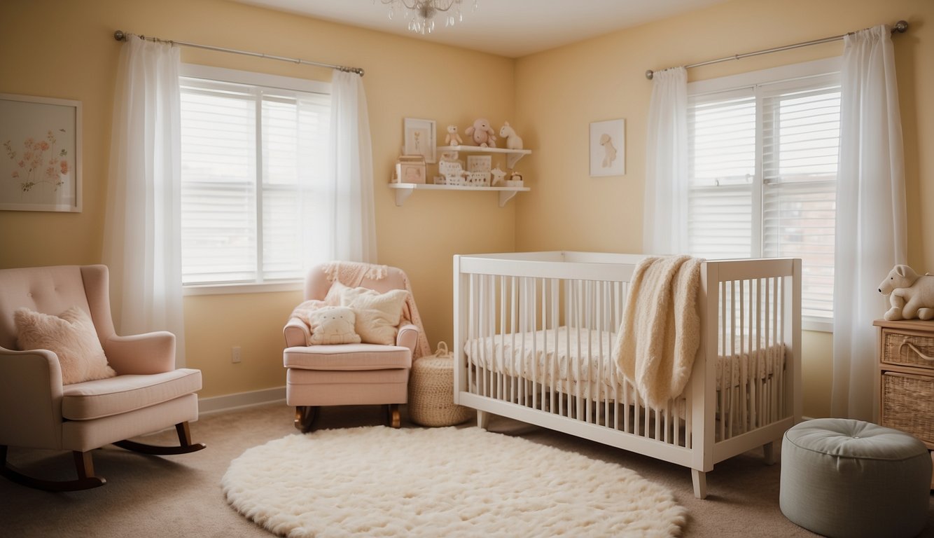 A cozy nursery with pale yellow walls, soft lighting, and a rocking chair in the corner. A crib with pastel bedding and a fluffy rug complete the serene space