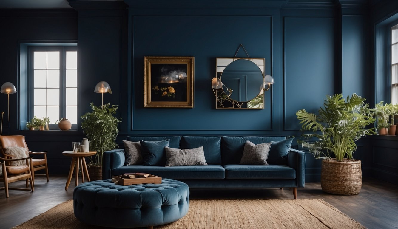 A room with Stiffkey Blue walls, natural light, and minimal furniture