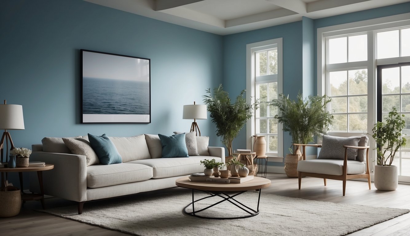 A serene living room with Sea Salt Blue walls, natural light pouring in through large windows, and minimalist decor creating a tranquil atmosphere