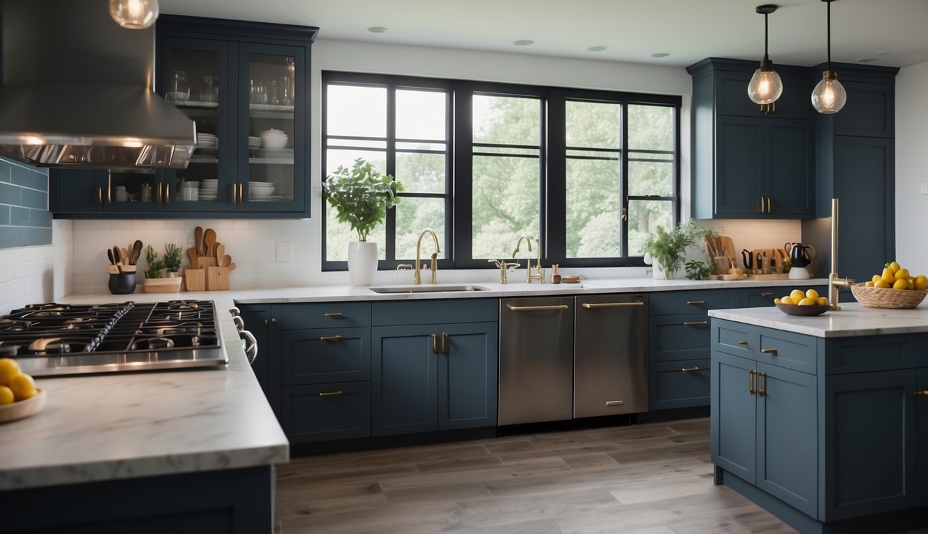 A modern kitchen with slate blue cabinets, white countertops, and stainless steel appliances