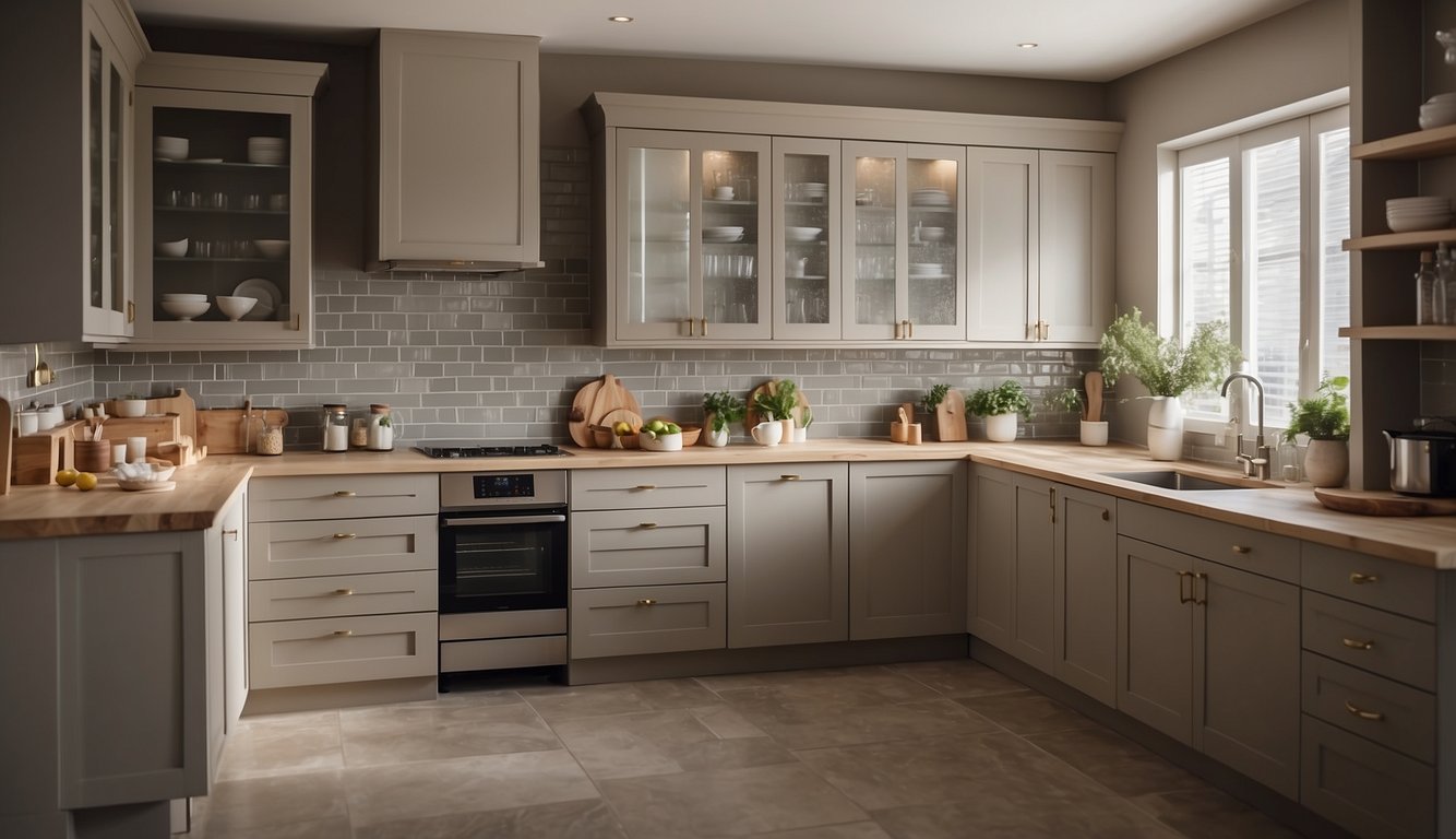 A kitchen with taupe cabinets, bathed in soft natural light, creating a warm and inviting atmosphere