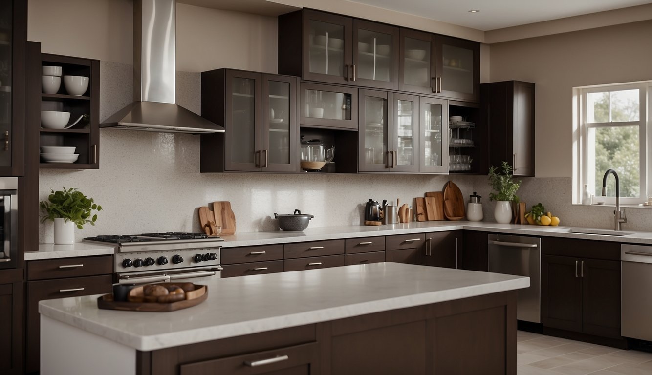 A kitchen cabinet painted in Espresso Brown, surrounded by neutral-colored walls and accented with stainless steel hardware