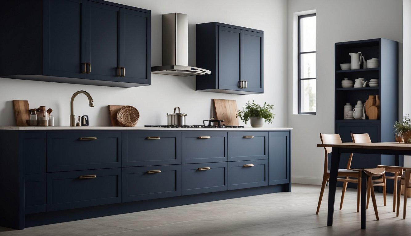 A kitchen cabinet painted in navy blue stands out against a white wall, creating a modern and sophisticated look