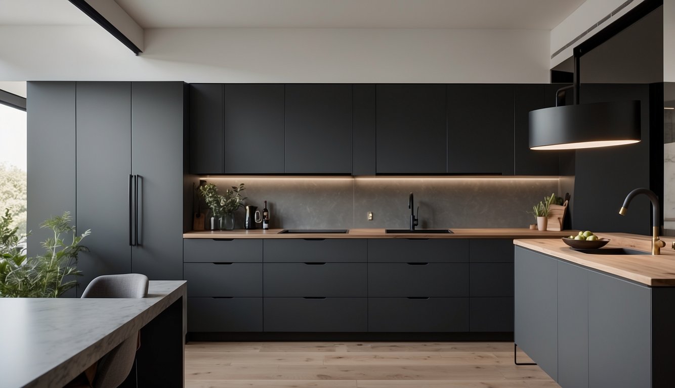 A modern kitchen with charcoal grey cabinets, sleek and minimalist design, natural light streaming in through large windows