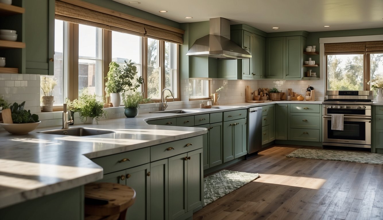 A kitchen with sage green cabinets, white countertops, and stainless steel appliances. Sunlight streams in through a window, casting a warm glow on the room