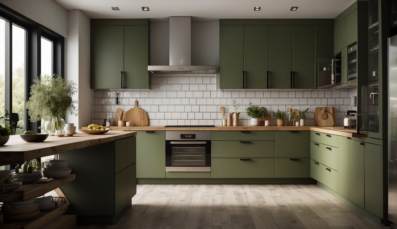 A kitchen with olive green cabinets, complemented by natural light and a clean, modern design