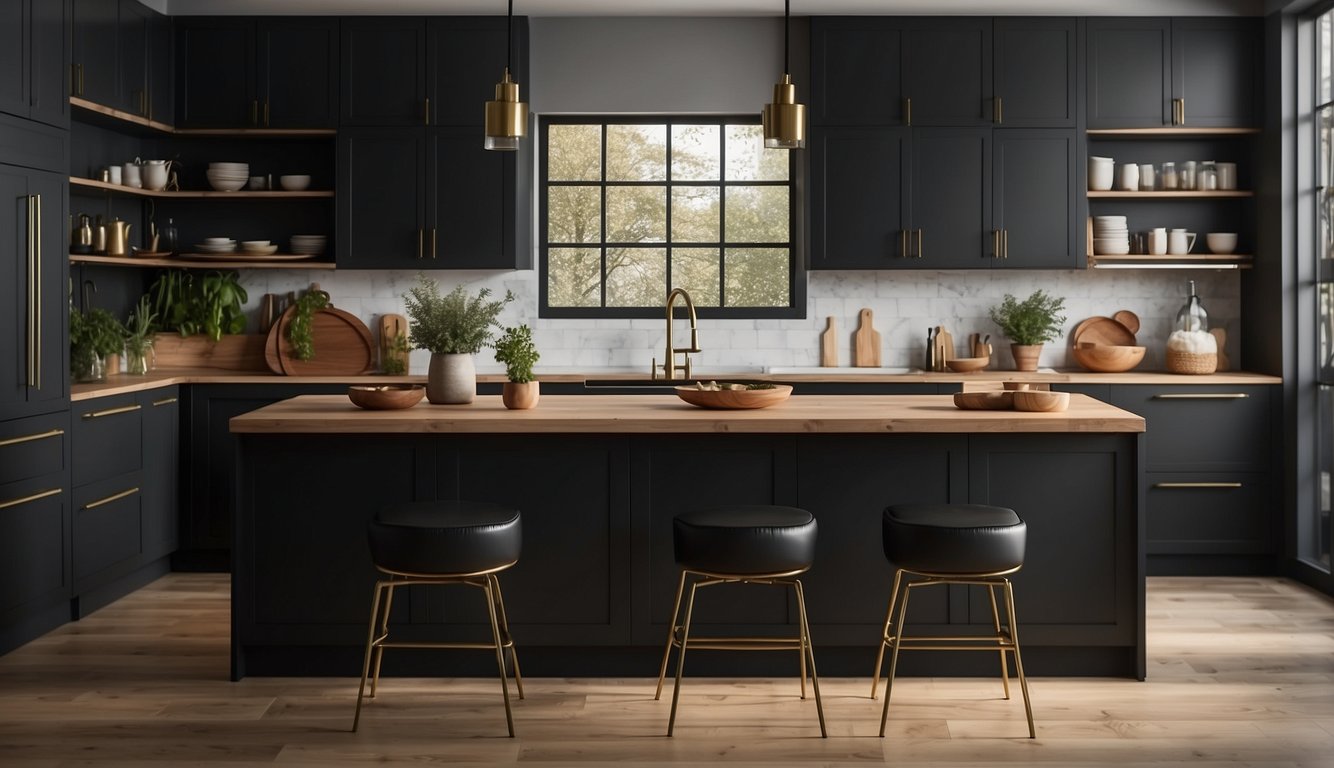 A sleek kitchen with black satin cabinets, bathed in natural light, showcasing the 15 best paint colors for cabinets