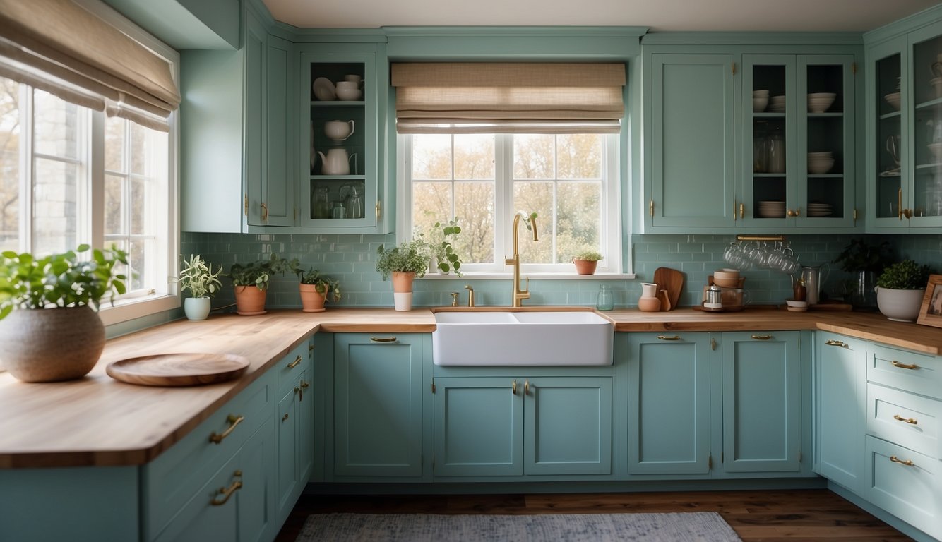 A kitchen with pale aqua cabinets, bright and inviting, with natural light streaming in through the windows