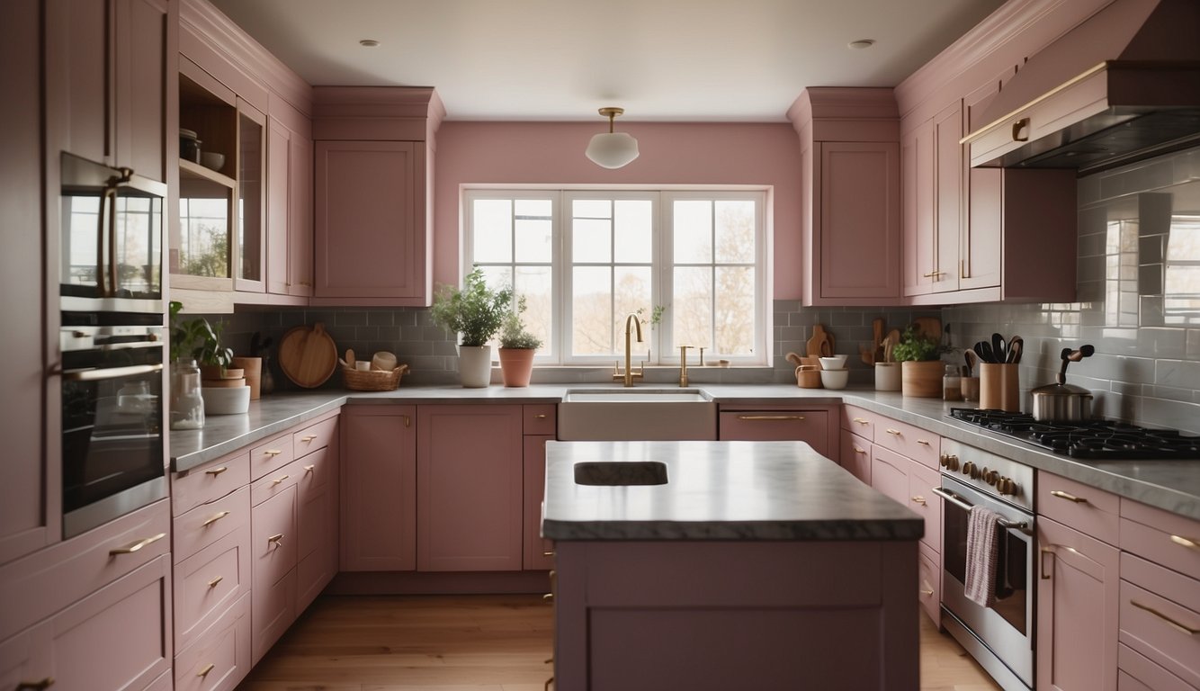 A kitchen filled with dusty rose cabinets, bathed in warm natural light, creating a cozy and inviting atmosphere